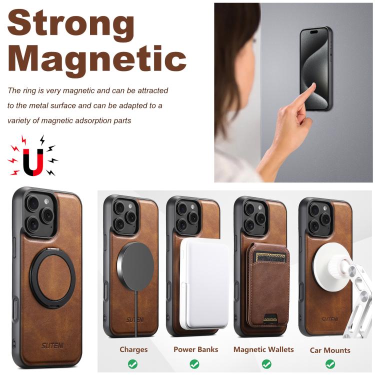 For iPhone 14 Plus Suteni G3 Oil Wax 360 Rotation Holder MagSafe Back Phone Case(Brown)