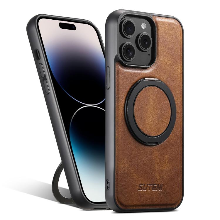 Pour iPhone 14 Pro Suteni G3 Huile Cire Étui de Téléphone avec Support Rotation à 360° et MagSafe (Marron)