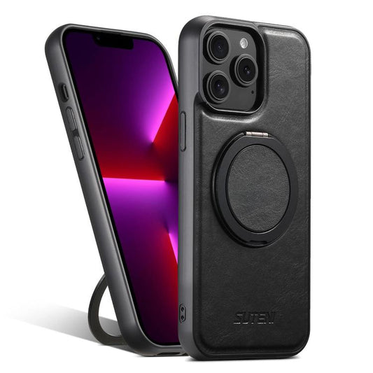 Pour iPhone 13 Pro Max Étui de Téléphone Arrière Suteni G3 en Cuir Huilé avec Support Rotatif à 360° et Compatible MagSafe (Noir)