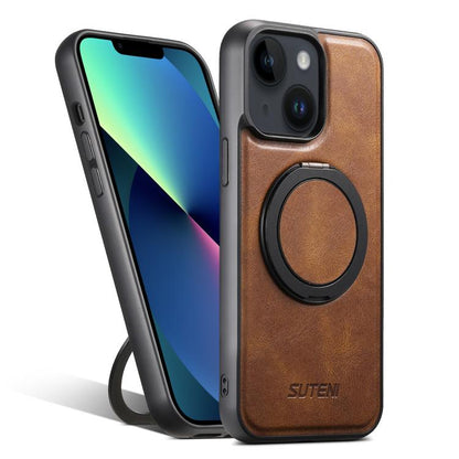 Pour iPhone 13 Suteni G3 Étui de Téléphone à L'arrière MagSafe avec Support Rotatif à 360° en Cuir Huilé (Marron)