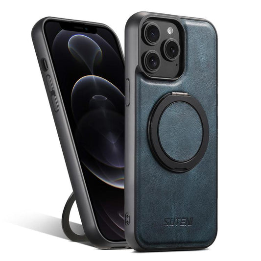 Pour iPhone 12 Pro Étui Suteni G3 en cuir huilé avec support rotatif à 360° compatible MagSafe (Bleu)