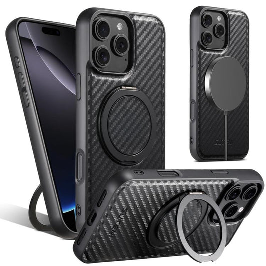 Pour iPhone 16 Pro Max Étui Suteni G3 en cuir avec fibre de carbone, support rotatif à 360°, compatible MagSafe (Noir)