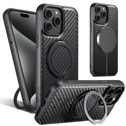 Pour iPhone 15 Pro Max Étui de téléphone MagSafe en cuir de fibre de carbone Suteni G3 avec support rotatif à 360° (noir)