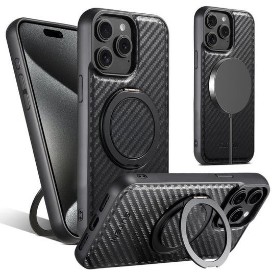 For iPhone 15 Pro Suteni G3 Carbon Fiber Leather 360 Rotation Holder MagSafe Phone Case(Black)