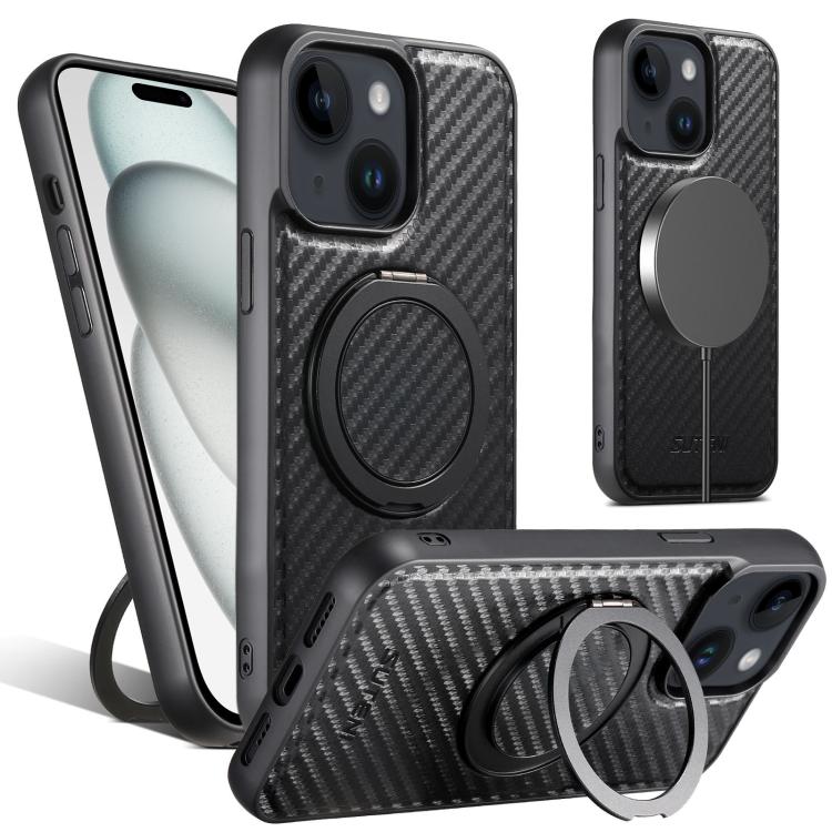 Pour iPhone 15 Suteni G3 Étui de téléphone MagSafe en cuir de fibre de carbone avec support rotatif à 360° (Noir)