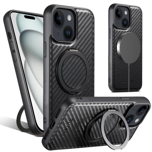 For iPhone 15 Suteni G3 Carbon Fiber Leather 360 Rotation Holder MagSafe Phone Case(Black)