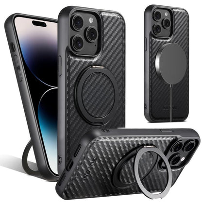 For iPhone 14 Pro Max Suteni G3 Carbon Fiber Leather 360 Rotation Holder MagSafe Phone Case(Black)