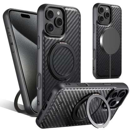 For iPhone 14 Pro Max Suteni G3 Carbon Fiber Leather 360 Rotation Holder MagSafe Phone Case(Black)