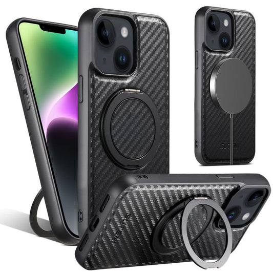 For iPhone 14 Suteni G3 Carbon Fiber Leather 360 Rotation Holder MagSafe Phone Case(Black)