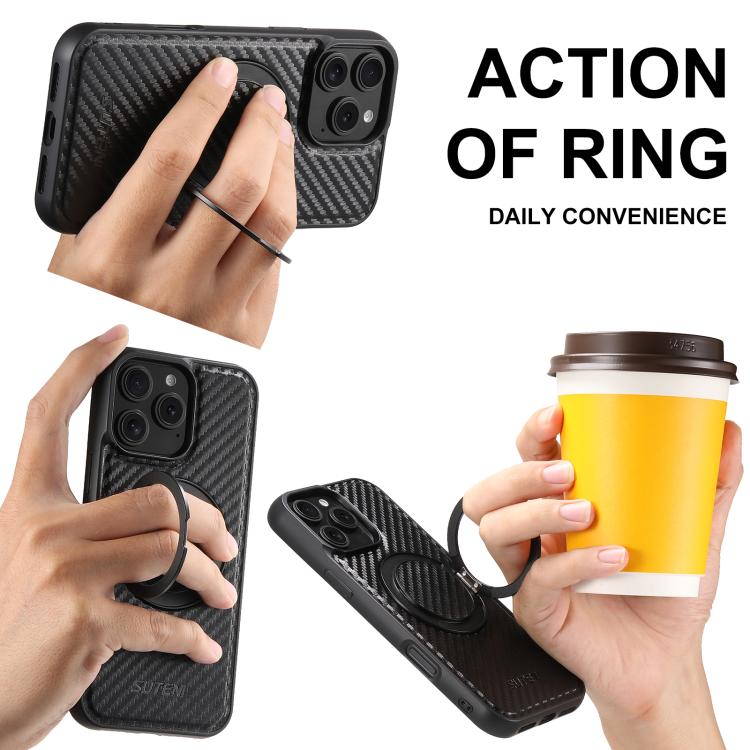 For iPhone 13 Suteni G3 Carbon Fiber Leather 360 Rotation Holder MagSafe Phone Case(Black)