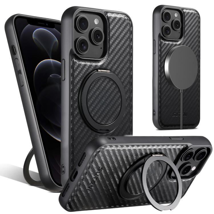 Pour iPhone 12 Pro Max Étui Suteni G3 en cuir avec fibre de carbone, support rotatif à 360°, compatible MagSafe (Noir)