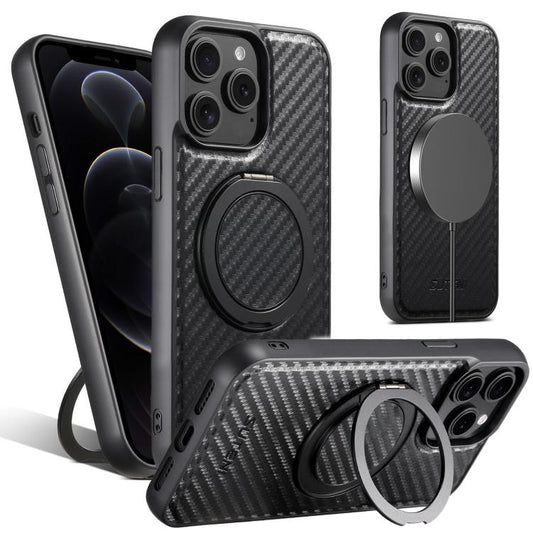 Pour iPhone 12 Pro Max Étui Suteni G3 en cuir avec fibre de carbone, support rotatif à 360°, compatible MagSafe (Noir)