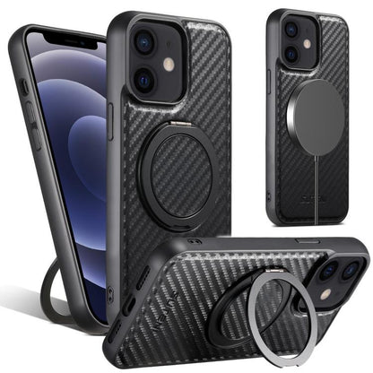 Pour iPhone 12 / 12 Pro Étui de Téléphone Suteni G3 en Cuir Fibre de Carbone avec Support Rotatif à 360° et Magsafe (Noir)