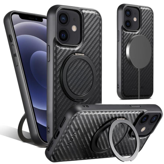 Pour iPhone 12 / 12 Pro Étui de Téléphone Suteni G3 en Cuir Fibre de Carbone avec Support Rotatif à 360° et Magsafe (Noir)