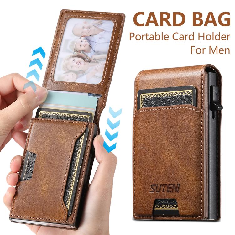 Suteni Oil Waxy Keys Automatically Pop Up Card Wallet Case(Brown)
