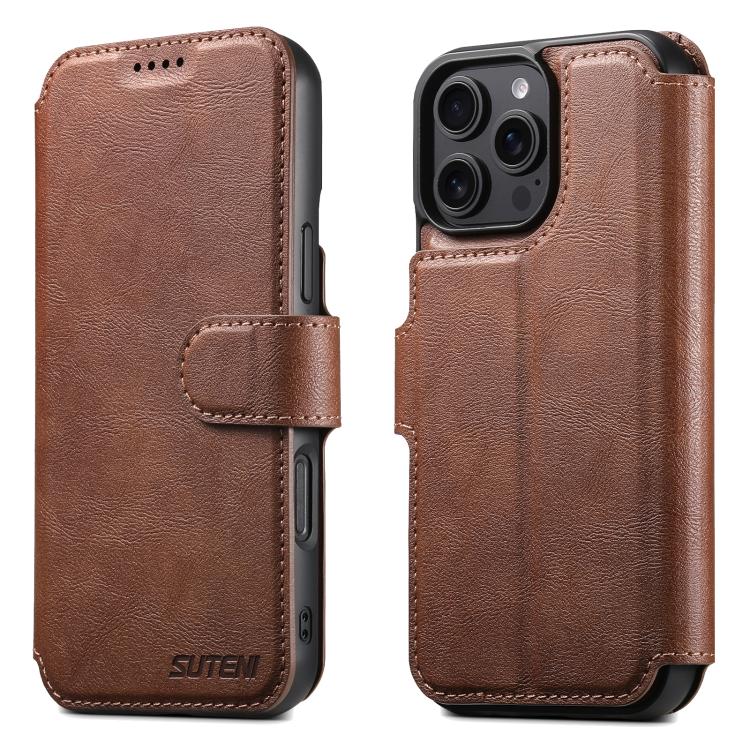 For iPhone 16 Pro Max Suteni Q05 2-in-1 Multi-function Detachable Wallet MagSafe Phone Case(Brown)