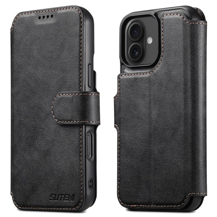 For iPhone 16 Plus Suteni Q05 2-in-1 Multi-function Detachable Wallet MagSafe Phone Case(Black)
