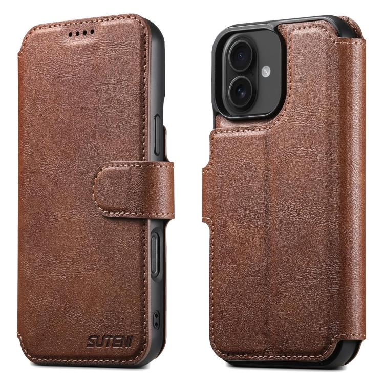 For iPhone 16 Suteni Q05 2-in-1 Multi-function Detachable Wallet MagSafe Phone Case(Brown)