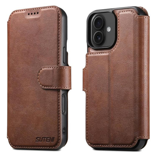 For iPhone 16 Suteni Q05 2-in-1 Multi-function Detachable Wallet MagSafe Phone Case(Brown)