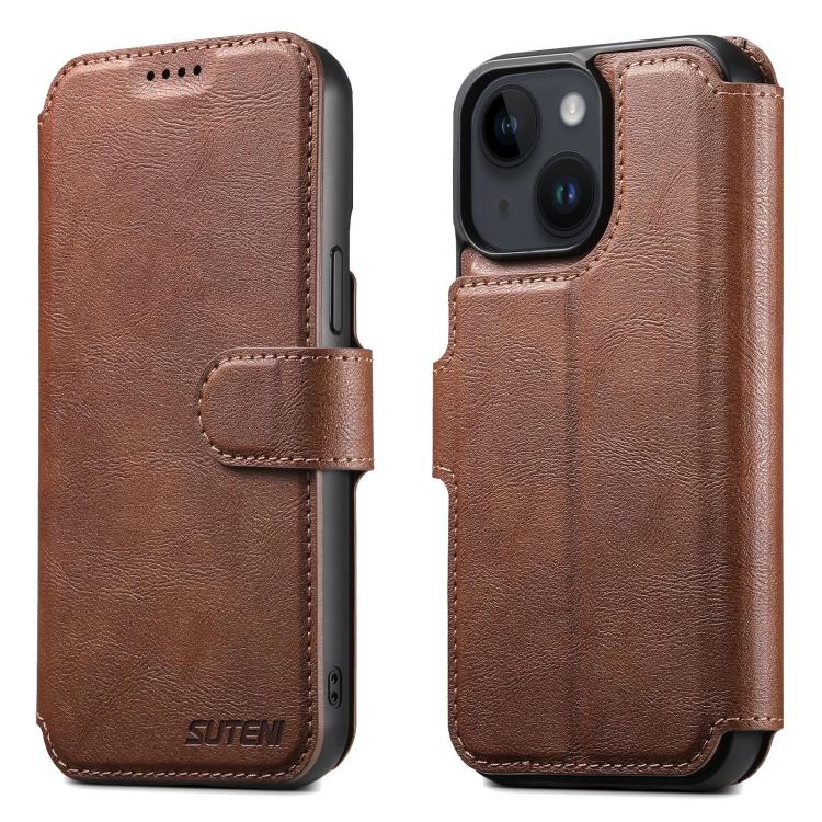 For iPhone 15 Plus Suteni Q05 2-in-1 Multi-function Detachable Wallet MagSafe Phone Case(Brown)