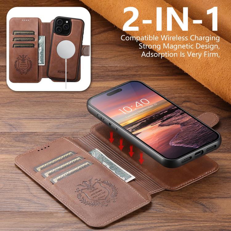 For iPhone 15 Plus Suteni Q05 2-in-1 Multi-function Detachable Wallet MagSafe Phone Case(Brown)