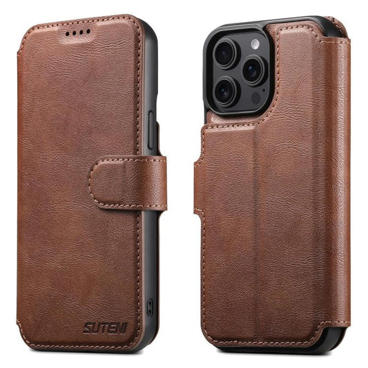 For iPhone 14 Pro Suteni Q05 2-in-1 Multi-function Detachable Wallet MagSafe Phone Case(Brown)
