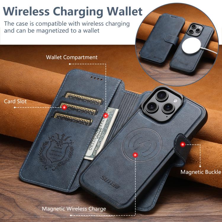 For iPhone 13 Pro Suteni Q05 2-in-1 Multi-function Detachable Wallet MagSafe Phone Case(Blue)