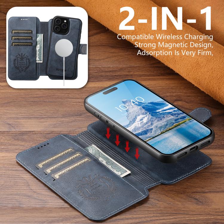 For iPhone 12 Suteni Q05 2-in-1 Multi-function Detachable Wallet MagSafe Phone Case(Blue)