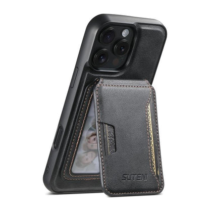 For iPhone 16 Pro Max Suteni M3 Card Bag MagSafe Cowhide Texture Leather Phone Case(Black)