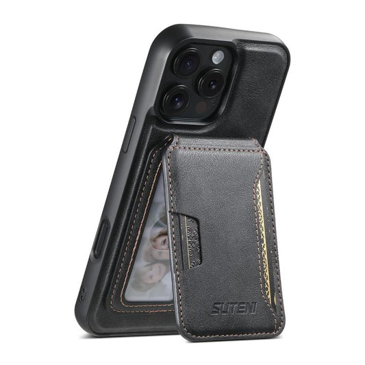 Pour iPhone 16 Pro Max Suteni M3 Étui de téléphone en cuir texturé en peau de vache MagSafe avec sac pour cartes (Noir)