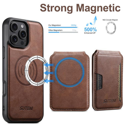 For iPhone 16 Pro Suteni M3 Card Bag MagSafe Cowhide Texture Leather Phone Case(Brown)