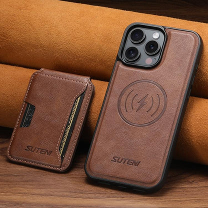 For iPhone 16 Pro Suteni M3 Card Bag MagSafe Cowhide Texture Leather Phone Case(Brown)
