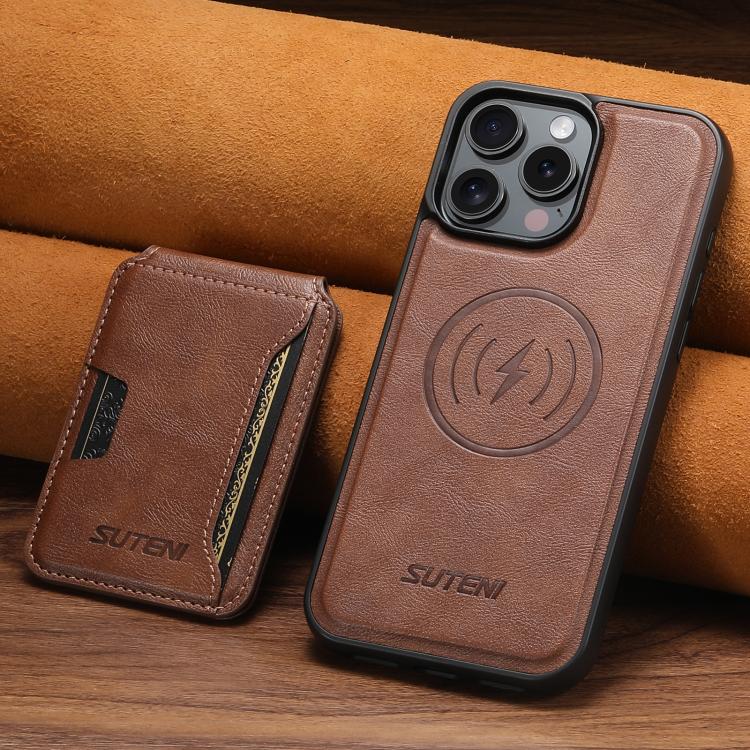 For iPhone 16 Suteni M3 Card Bag MagSafe Cowhide Texture Leather Phone Case(Brown)
