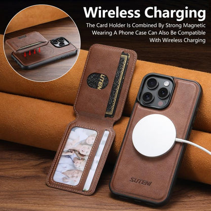 For iPhone 16 Suteni M3 Card Bag MagSafe Cowhide Texture Leather Phone Case(Brown)
