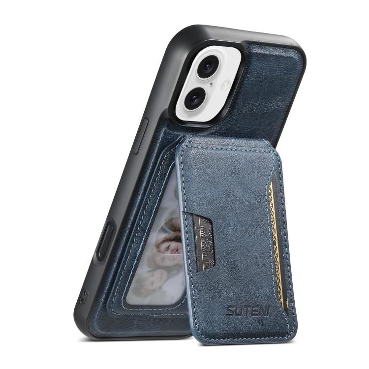 For iPhone 16 Suteni M3 Card Bag MagSafe Cowhide Texture Leather Phone Case(Blue)