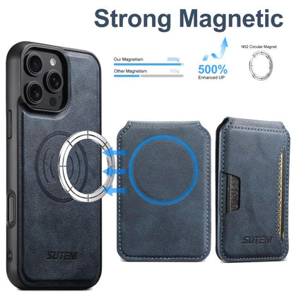 For iPhone 15 Pro Max Suteni M3 Card Bag MagSafe Cowhide Texture Leather Phone Case(Blue)