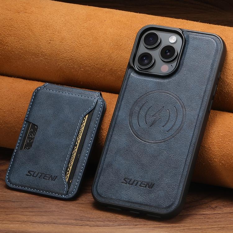 For iPhone 15 Pro Suteni M3 Card Bag MagSafe Cowhide Texture Leather Phone Case(Blue)