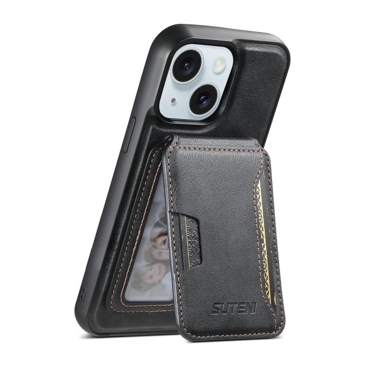 For iPhone 15 Plus Suteni M3 Card Bag MagSafe Cowhide Texture Leather Phone Case(Black)