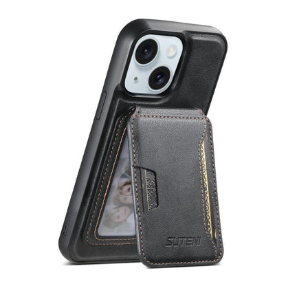 For iPhone 15 Plus Suteni M3 Card Bag MagSafe Cowhide Texture Leather Phone Case(Black)