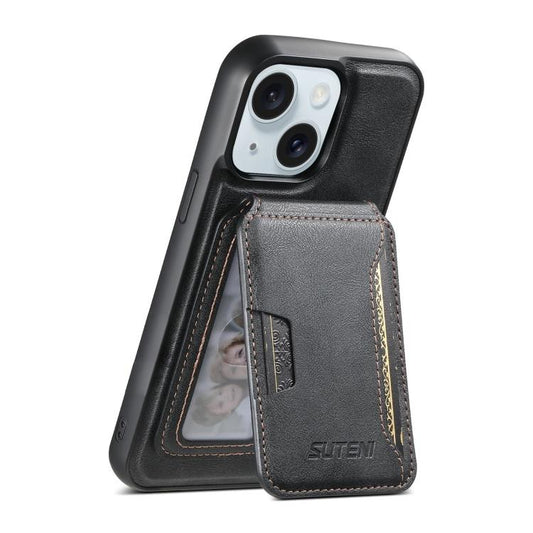 For iPhone 15 Suteni M3 Card Bag MagSafe Cowhide Texture Leather Phone Case(Black)