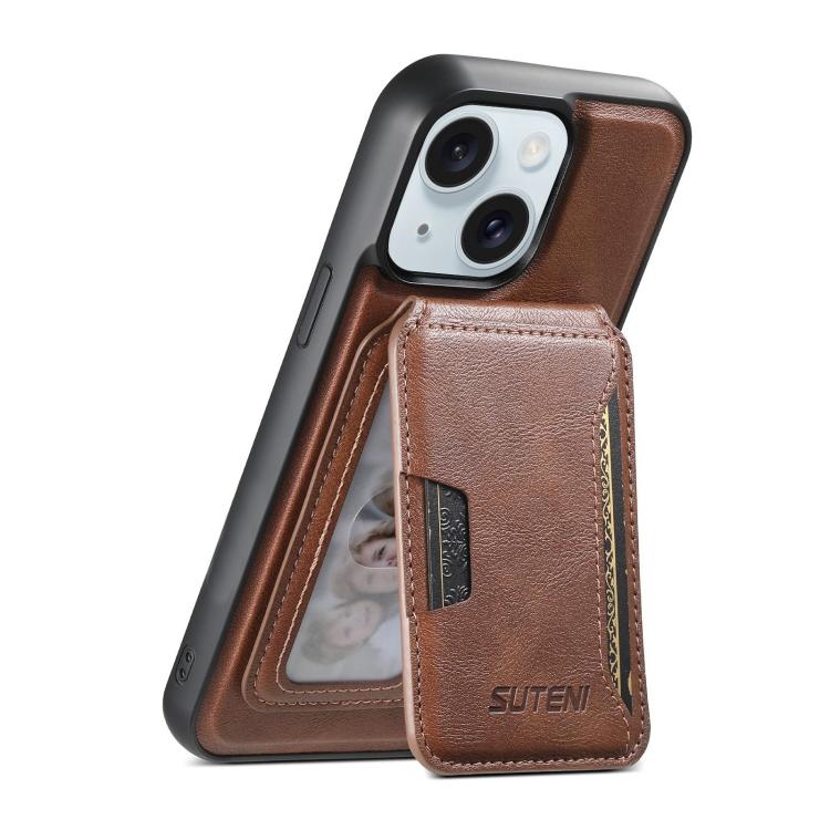 For iPhone 15 Suteni M3 Card Bag MagSafe Cowhide Texture Leather Phone Case(Brown)