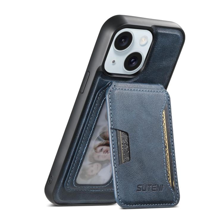For iPhone 15 Suteni M3 Card Bag MagSafe Cowhide Texture Leather Phone Case(Blue)