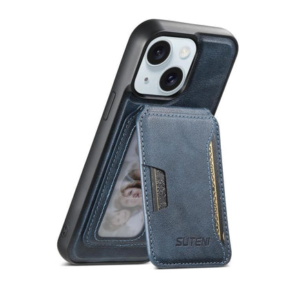 For iPhone 15 Suteni M3 Card Bag MagSafe Cowhide Texture Leather Phone Case(Blue)