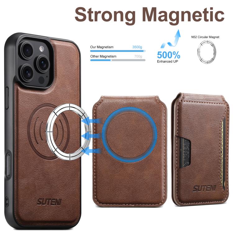 For iPhone 14 Plus Suteni M3 Card Bag MagSafe Cowhide Texture Leather Phone Case(Brown)