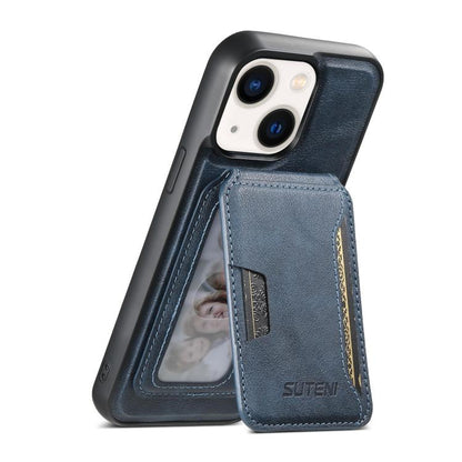 Pour iPhone 14 Plus Étui Suteni M3 avec fente pour carte MagSafe en cuir grainé (Bleu)
