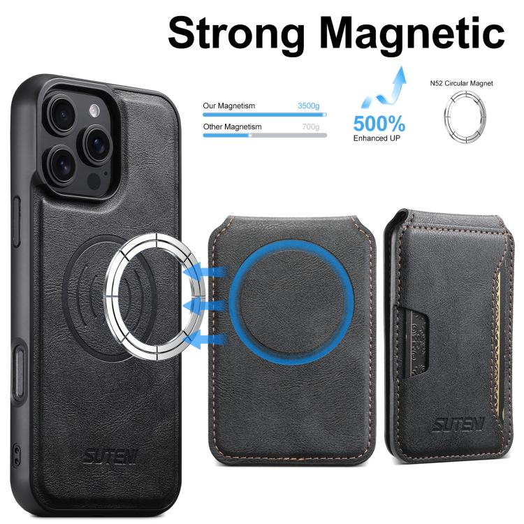 Pour iPhone 14 Suteni M3 Étui de Téléphone en Cuir Texturé Peau de Vache avec Porte-Cartes MagSafe (Noir)