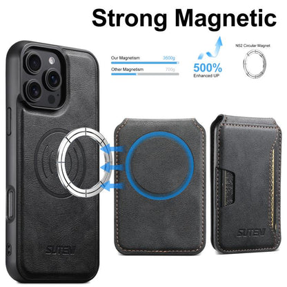 Pour iPhone 14 Suteni M3 Étui de Téléphone en Cuir Texturé Peau de Vache avec Porte-Cartes MagSafe (Noir)