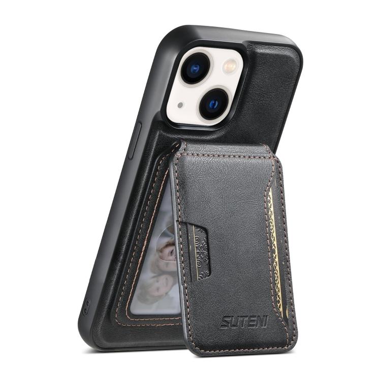 Pour iPhone 14 Suteni M3 Étui de Téléphone en Cuir Texturé Peau de Vache avec Porte-Cartes MagSafe (Noir)