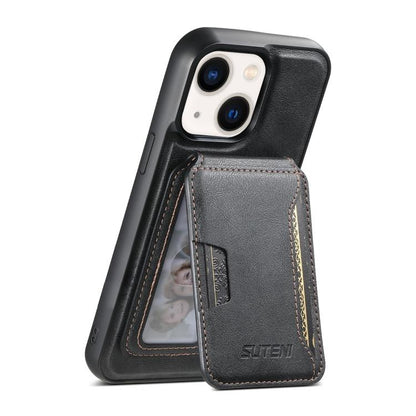 Pour iPhone 14 Suteni M3 Étui de Téléphone en Cuir Texturé Peau de Vache avec Porte-Cartes MagSafe (Noir)