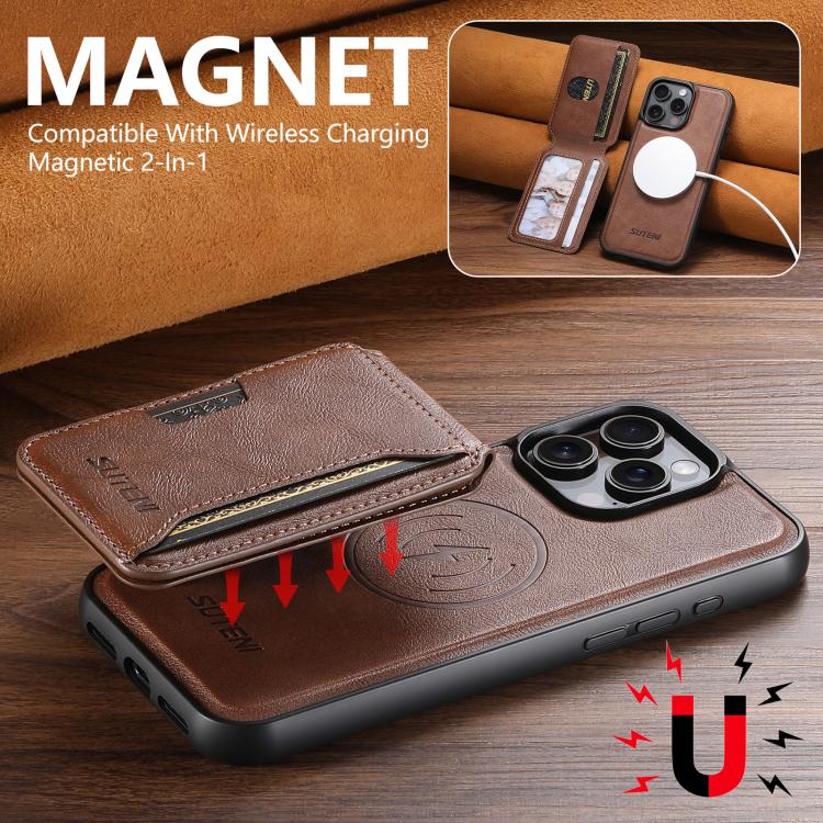 For iPhone 14 Pro Suteni M3 Card Bag MagSafe Cowhide Texture Leather Phone Case(Brown)